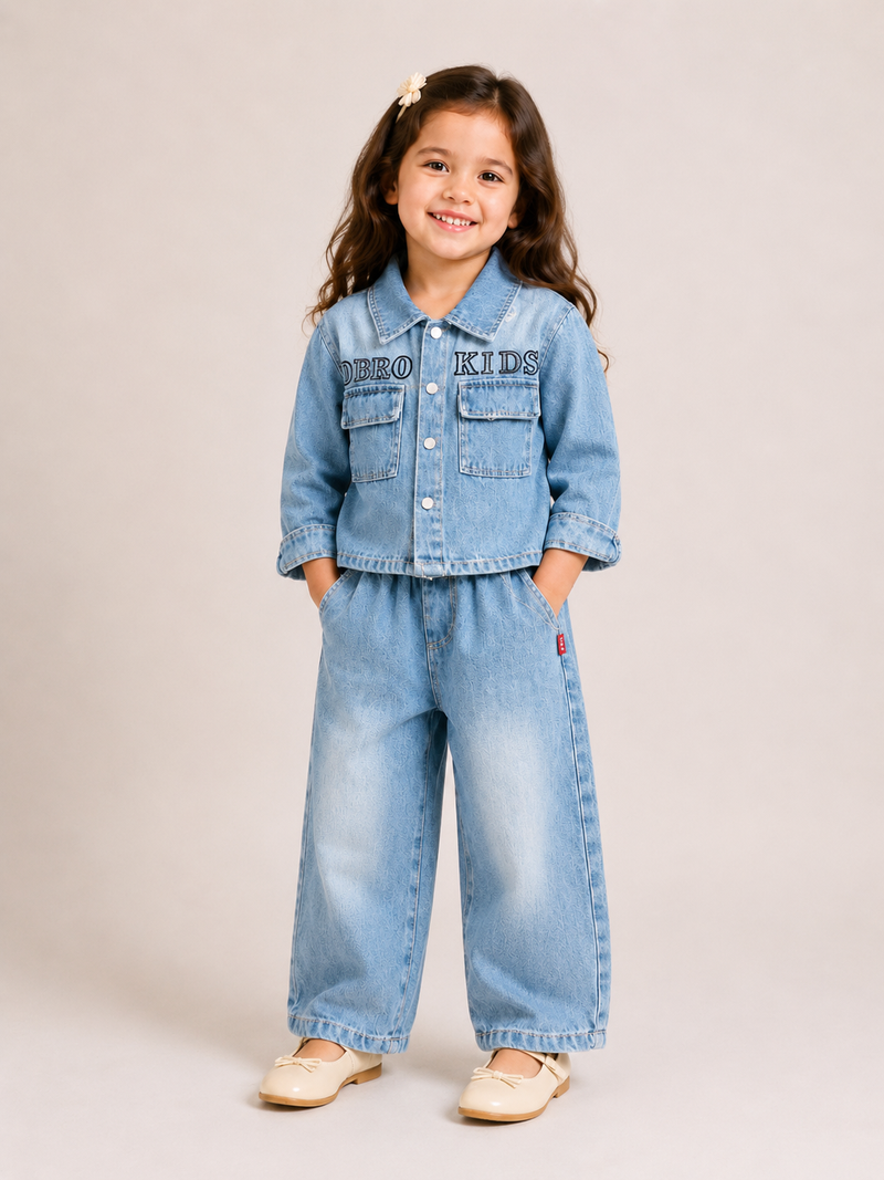 Girls Light Wash Denim Jacket & Wide-Leg Pants Set