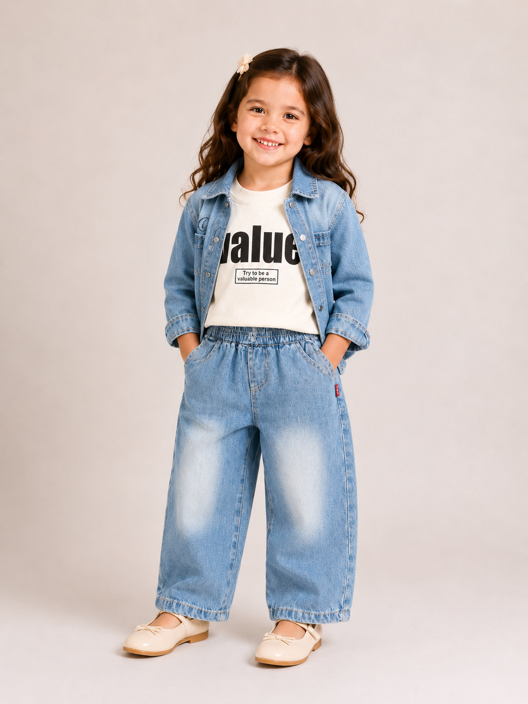 Girls Light Wash Denim Jacket & Wide-Leg Pants Set