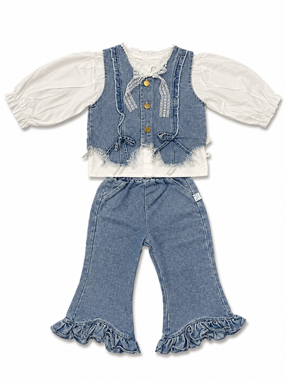 Ruffle Denim Co-Ord Set with Bow Back Vest