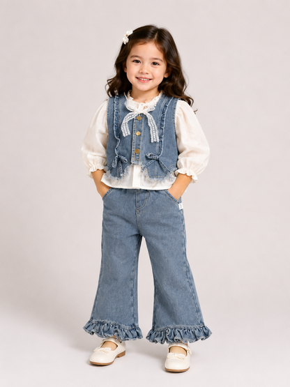 Ruffle Denim Co-Ord Set with Bow Back Vest