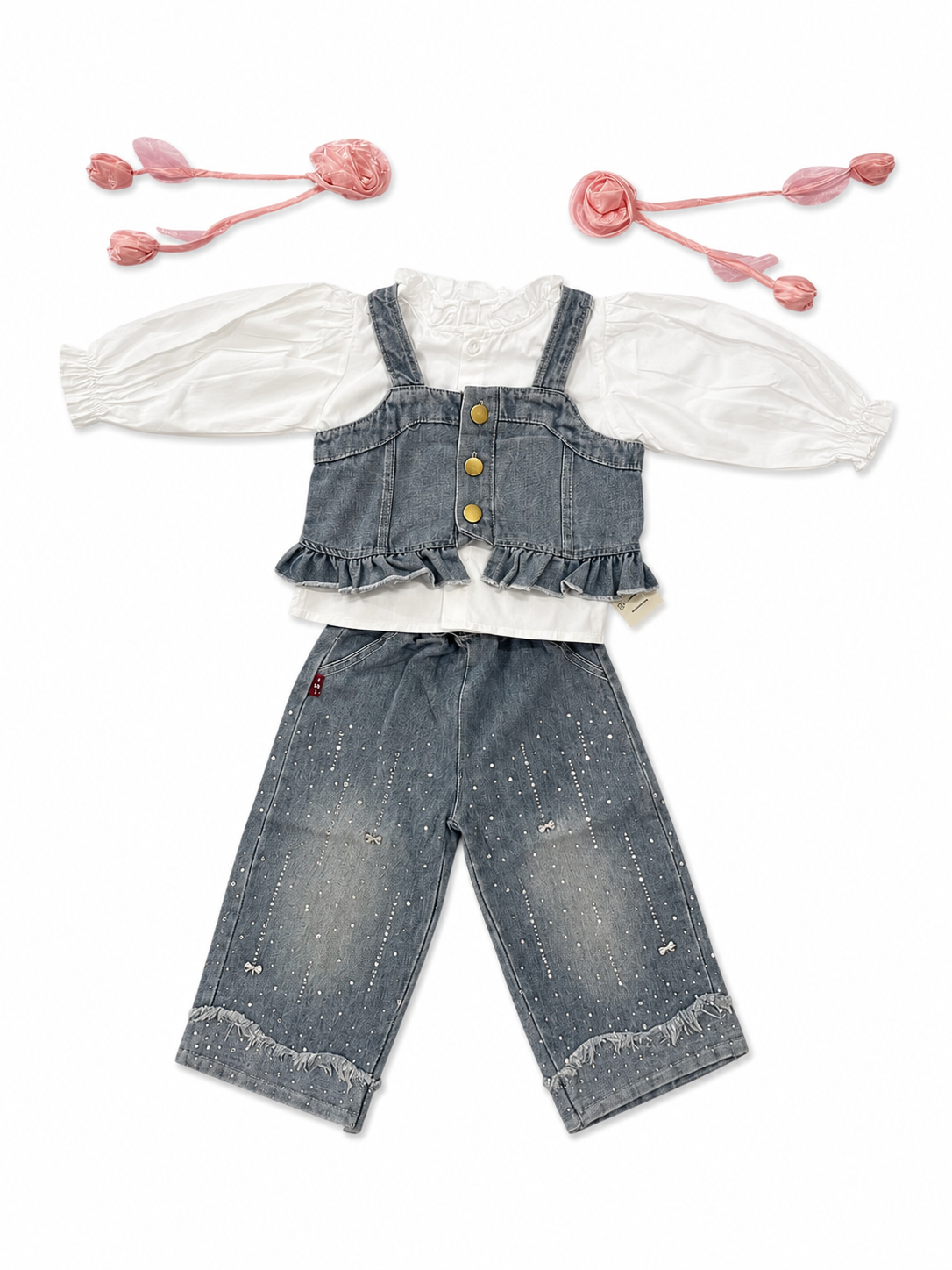 Denim Ruffle Co-Ord Set with Embellished Wide-Leg Pants