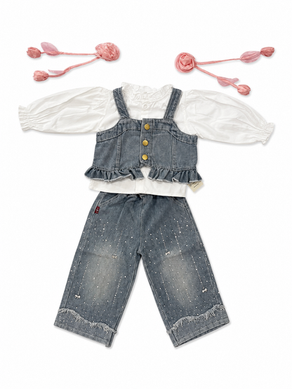 Denim Ruffle Co-Ord Set with Embellished Wide-Leg Pants