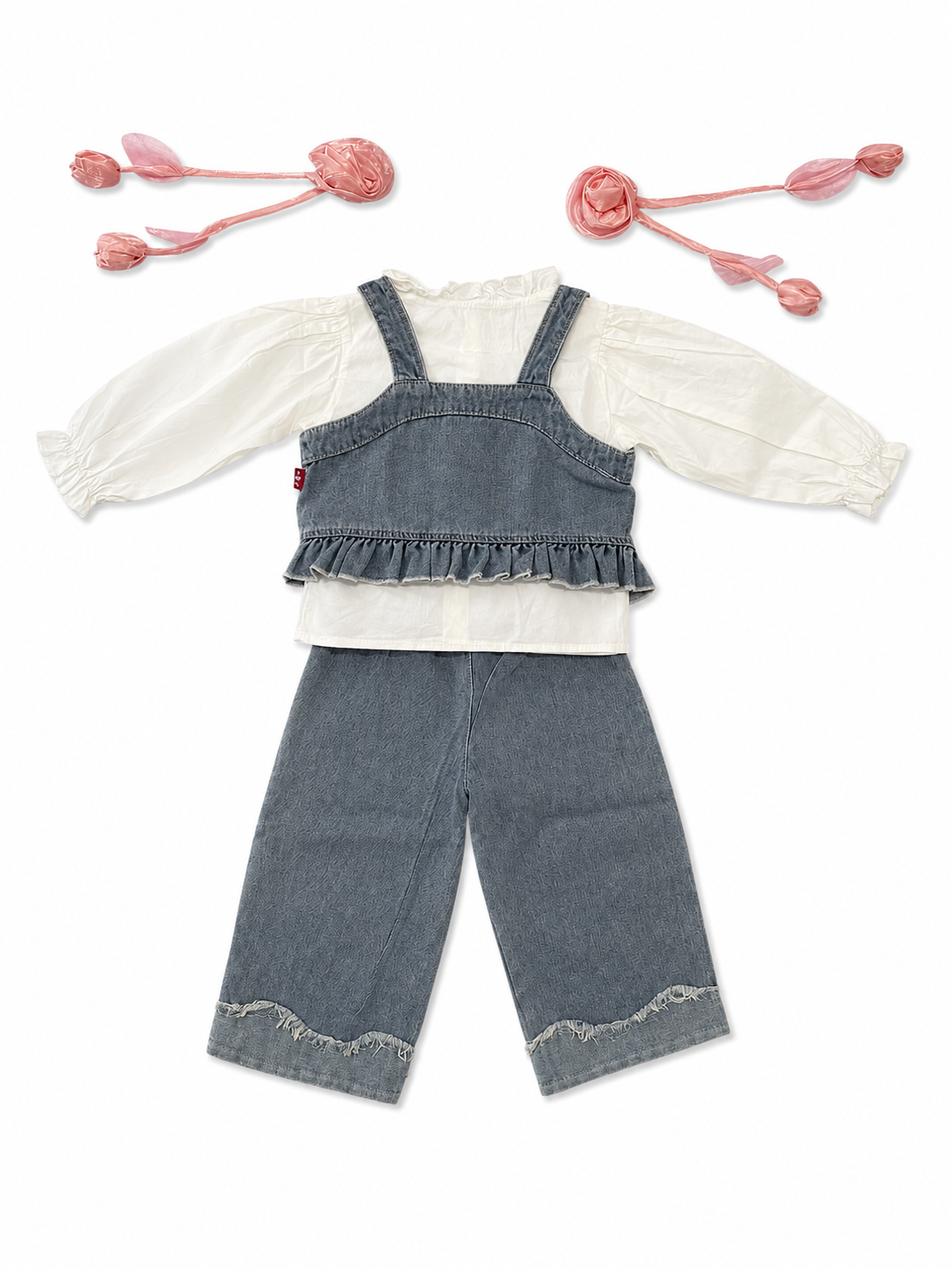 Denim Ruffle Co-Ord Set with Embellished Wide-Leg Pants