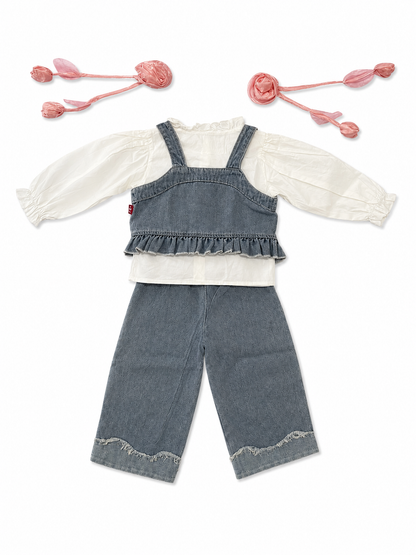 Denim Ruffle Co-Ord Set with Embellished Wide-Leg Pants