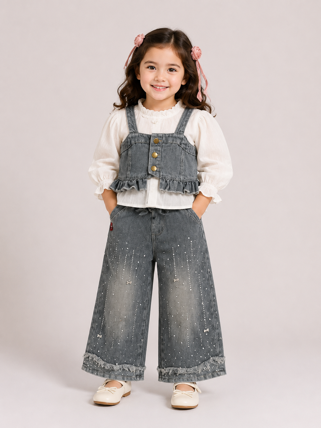 Denim Ruffle Co-Ord Set with Embellished Wide-Leg Pants