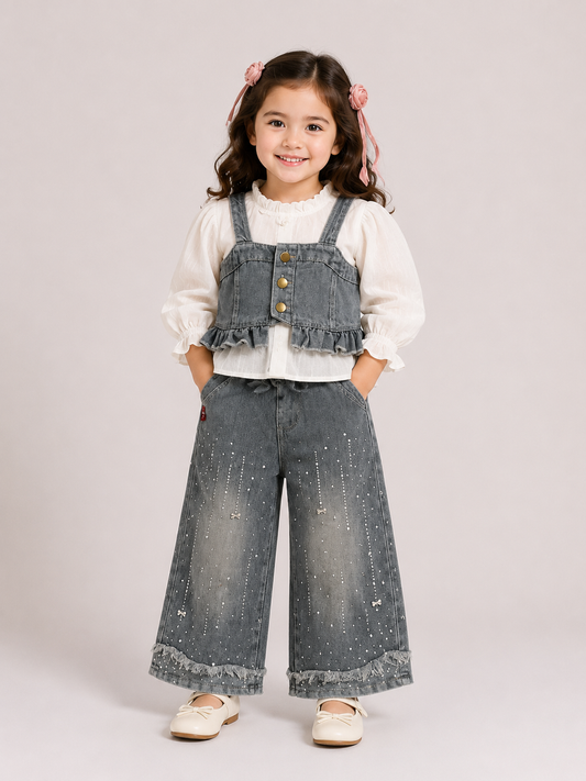Denim Ruffle Co-Ord Set with Embellished Wide-Leg Pants