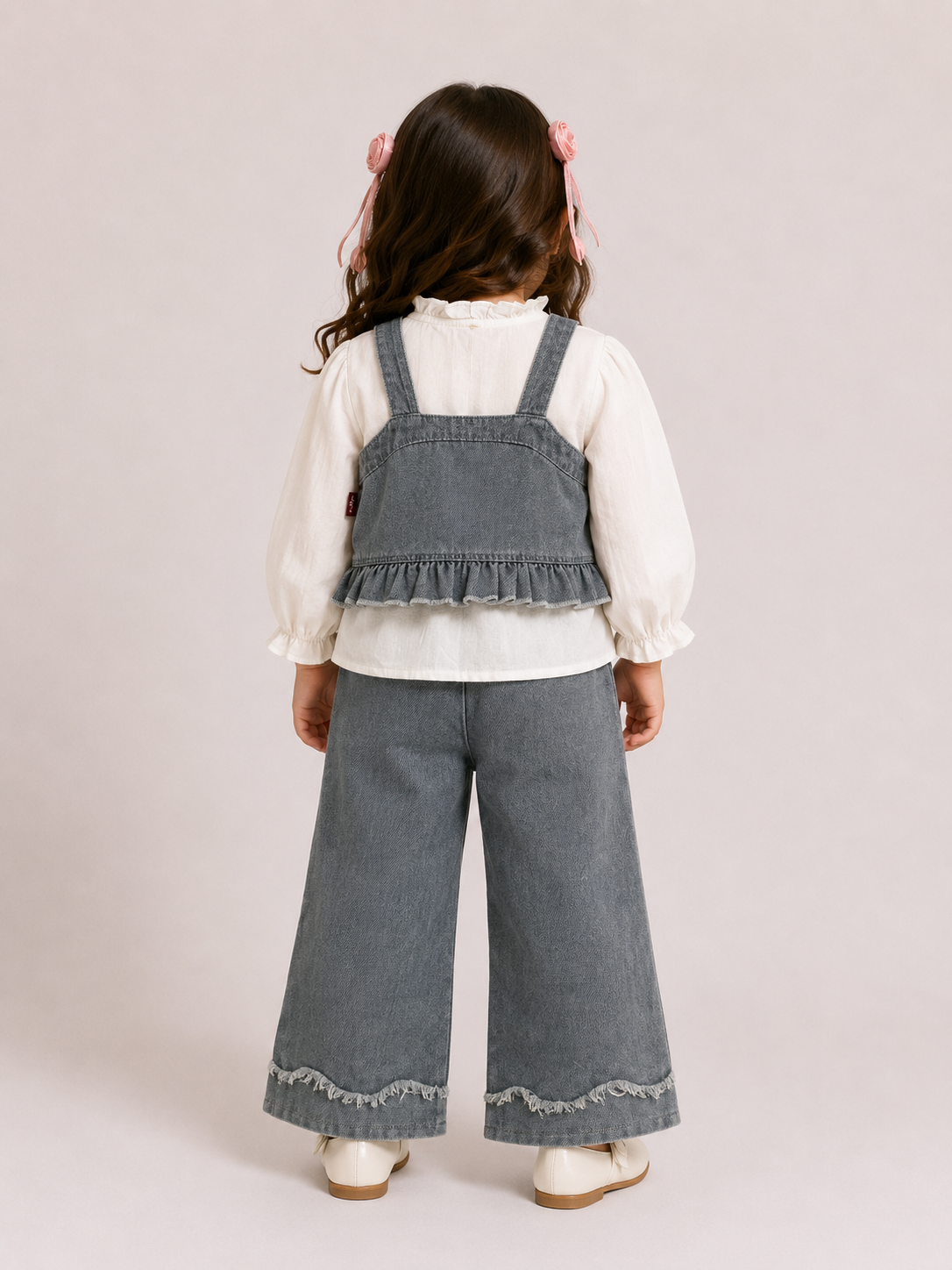 Denim Ruffle Co-Ord Set with Embellished Wide-Leg Pants