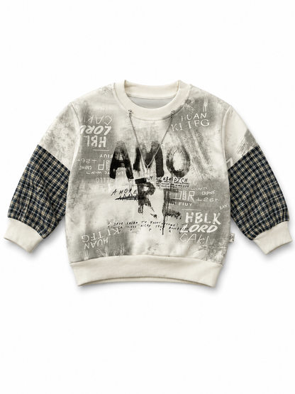 Urban Graphic Print Sweatshirt with Plaid Sleeves