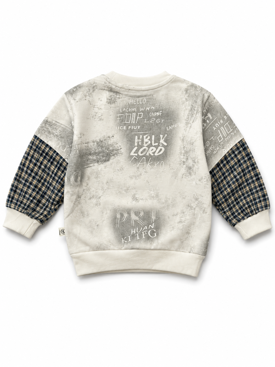 Urban Graphic Print Sweatshirt with Plaid Sleeves