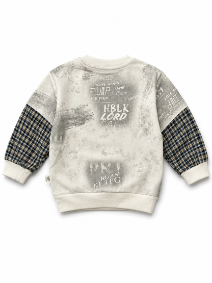 Urban Graphic Print Sweatshirt with Plaid Sleeves