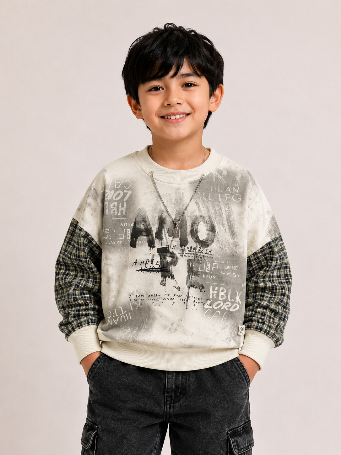 Urban Graphic Print Sweatshirt with Plaid Sleeves