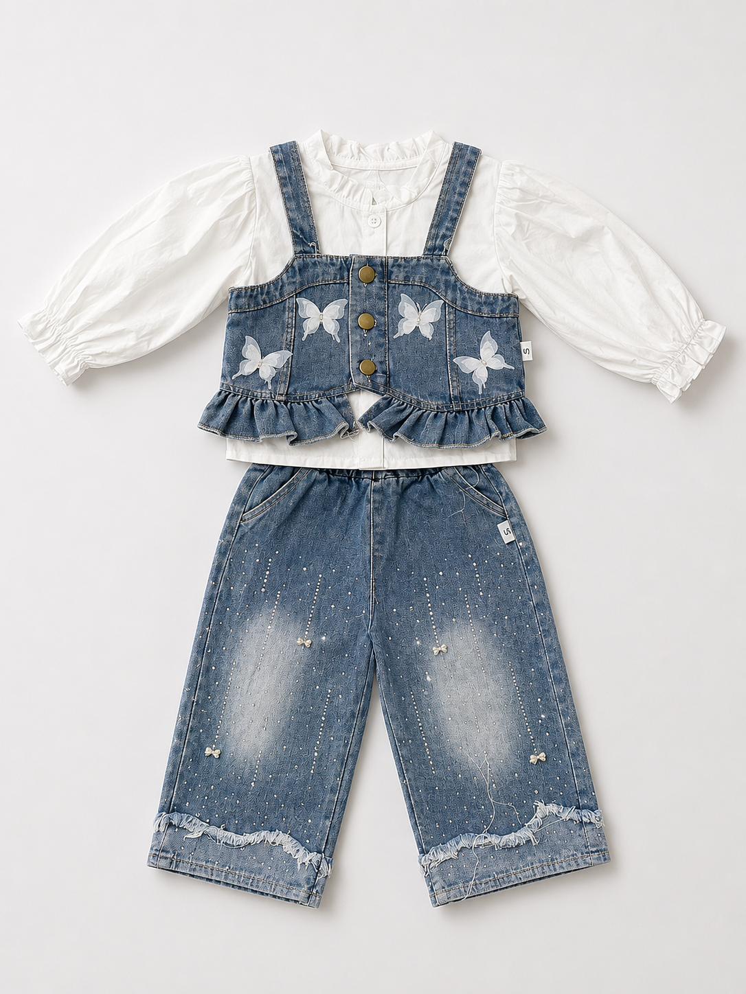 Butterfly Denim Co-Ord Set – White Blouse & Blue Denim
