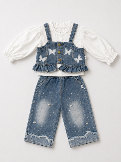 Butterfly Denim Co-Ord Set – White Blouse & Blue Denim