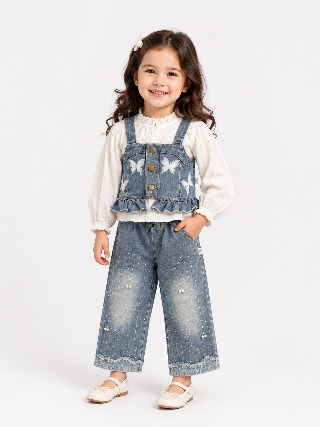 Butterfly Denim Co-Ord Set – White Blouse & Blue Denim