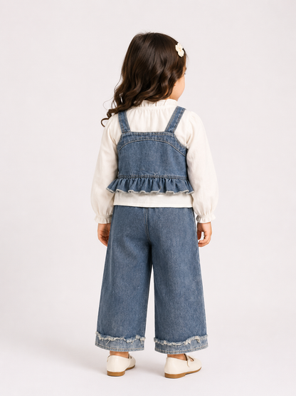 Butterfly Denim Co-Ord Set – White Blouse & Blue Denim
