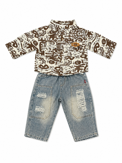 Printed Overshirt & Distressed Denim Set