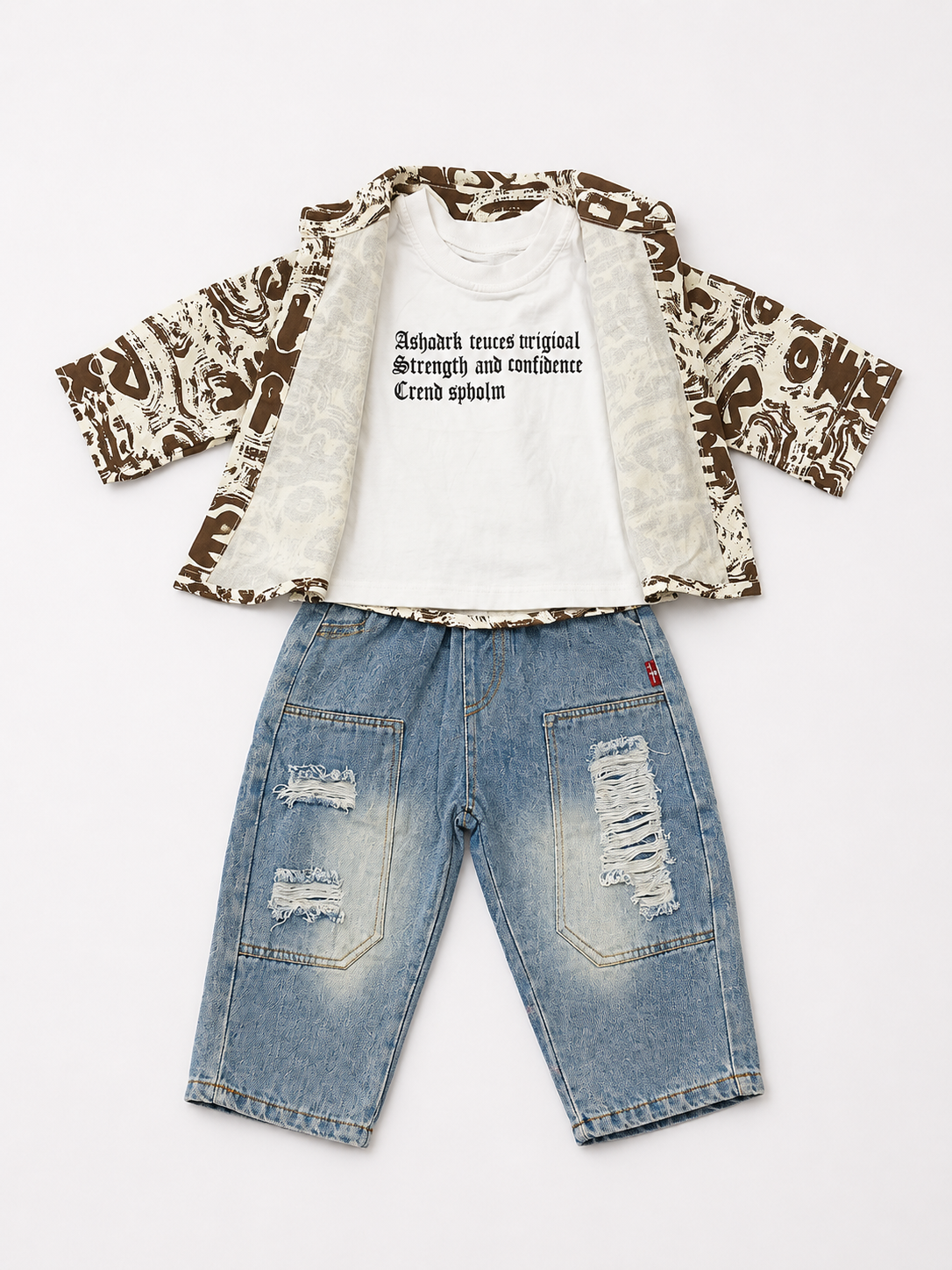 Printed Overshirt & Distressed Denim Set
