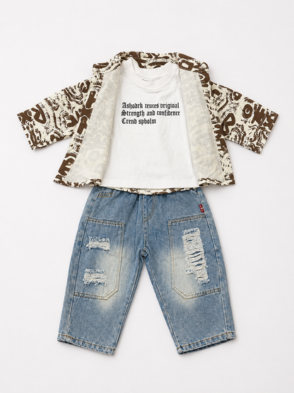 Printed Overshirt & Distressed Denim Set