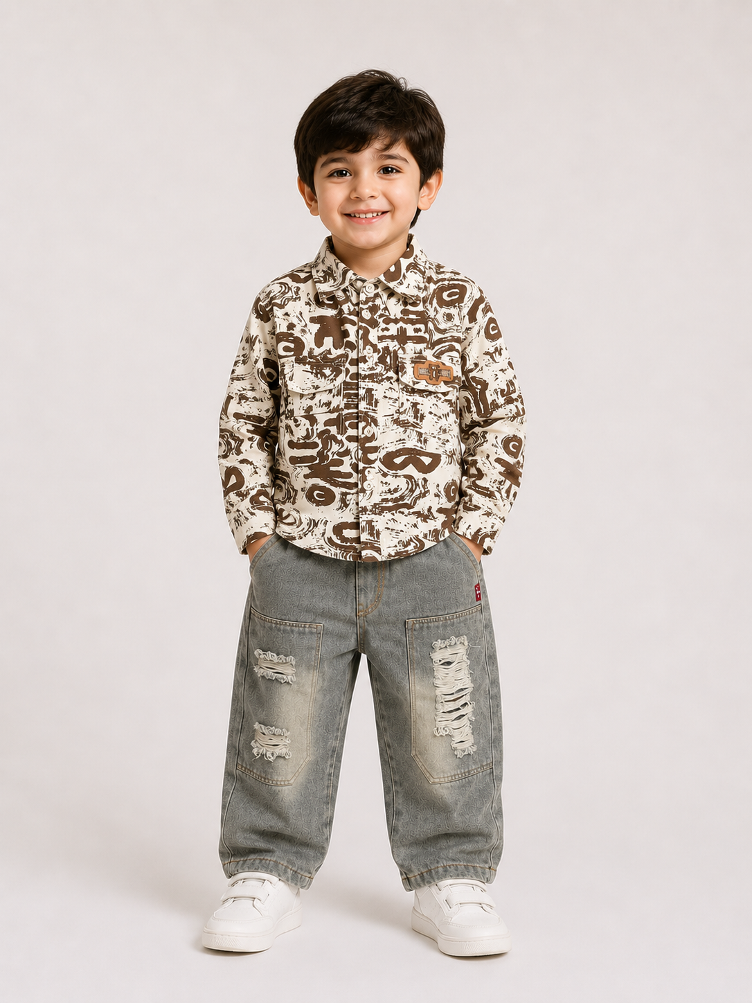 Printed Overshirt & Distressed Denim Set