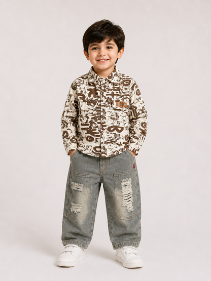 Printed Overshirt & Distressed Denim Set