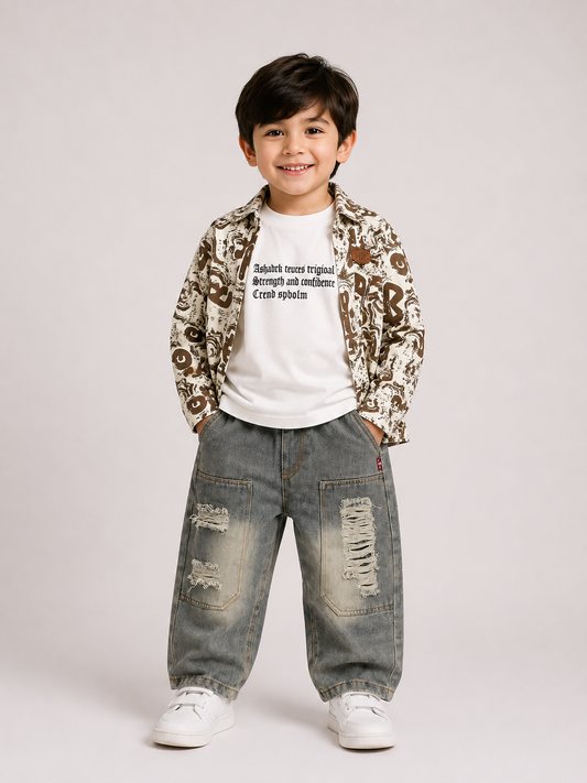 Printed Overshirt & Distressed Denim Set