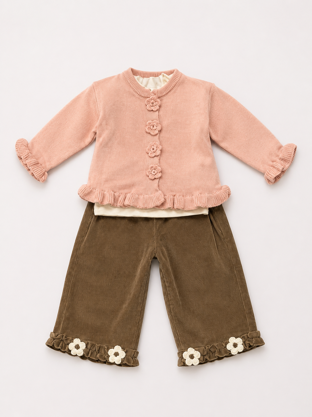 Floral Knit Cardigan & Corduroy Culotte Set – Peach & Brown