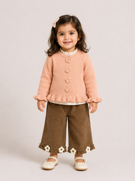 Floral Knit Cardigan & Corduroy Culotte Set – Peach & Brown
