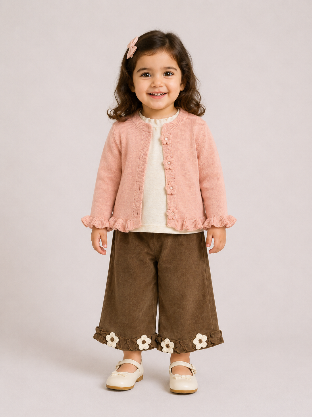 Floral Knit Cardigan & Corduroy Culotte Set – Peach & Brown