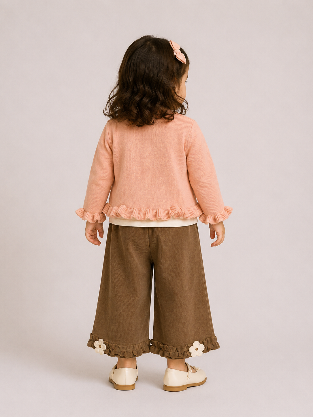 Floral Knit Cardigan & Corduroy Culotte Set – Peach & Brown