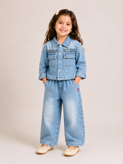 Girls Light Wash Denim Jacket & Wide-Leg Pants Set