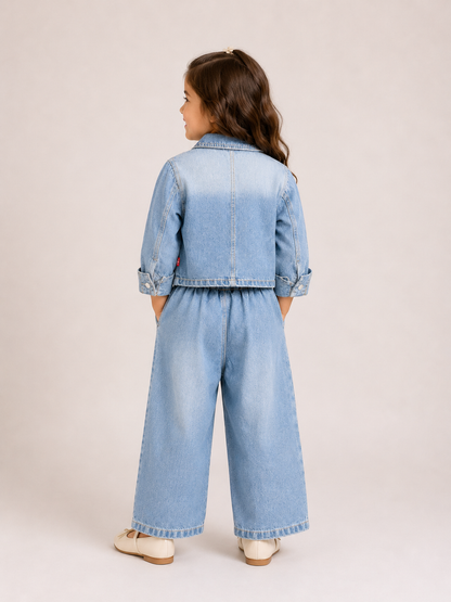 Girls Light Wash Denim Jacket & Wide-Leg Pants Set